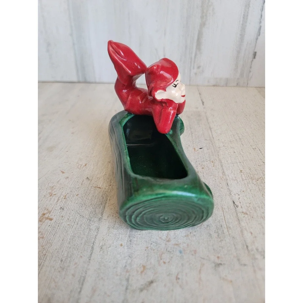 Vintage pixie elf log ceramic planter Xmas home decor art forest figure